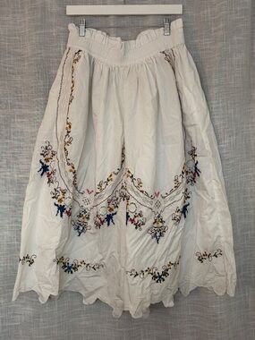 Anthropologie Cream Embroidered A-Line Midi Skirt